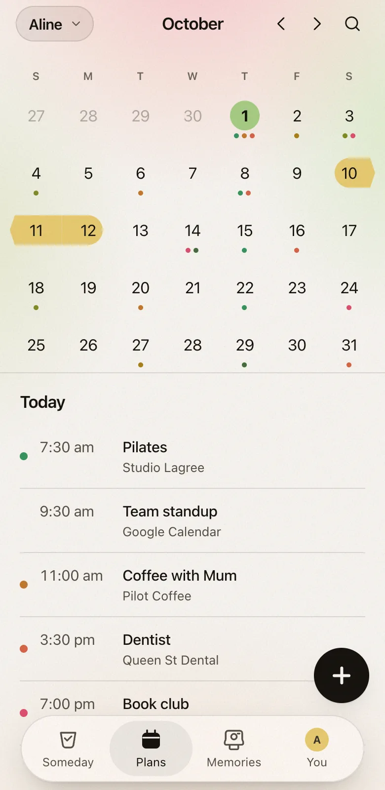 Aline’s own plans in Fordays: October with a coloured dot under each day that has a plan, and today’s Pilates in mint, a team standup from Google Calendar, coffee with Mum in apricot, the dentist in coral and book club in pink