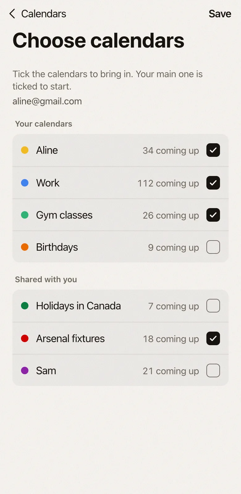 Choosing calendars in Fordays: Aline’s own, Work, Gym classes and Arsenal fixtures ticked, Birthdays, Holidays in Canada and Sam’s left out, each with how many events are coming up