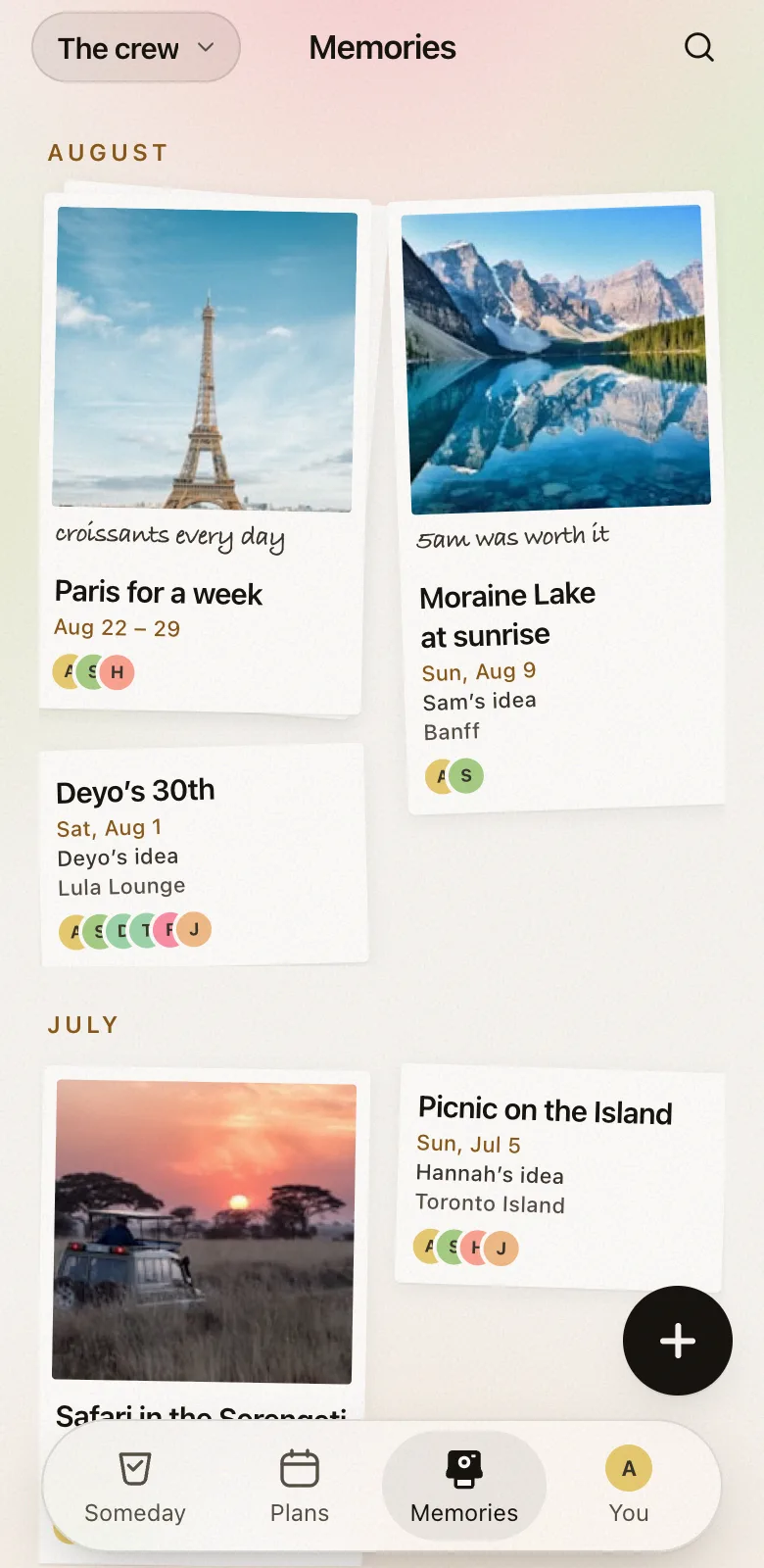 Memories in Fordays like a scrapbook: Paris for a week and Moraine Lake at sunrise as photos with a few handwritten words, Deyo’s 30th and a picnic on the Island without, each with the faces of who was there