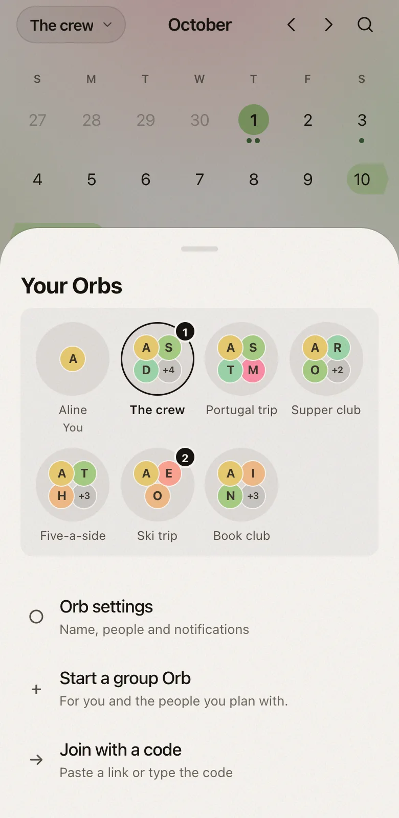 Choosing between orbs in Fordays: your own, The crew, Portugal trip, Supper club, Five-a-side, Ski trip and Book club, each showing the faces of the people in it, with counts on The crew and Ski trip for plans waiting for an answer