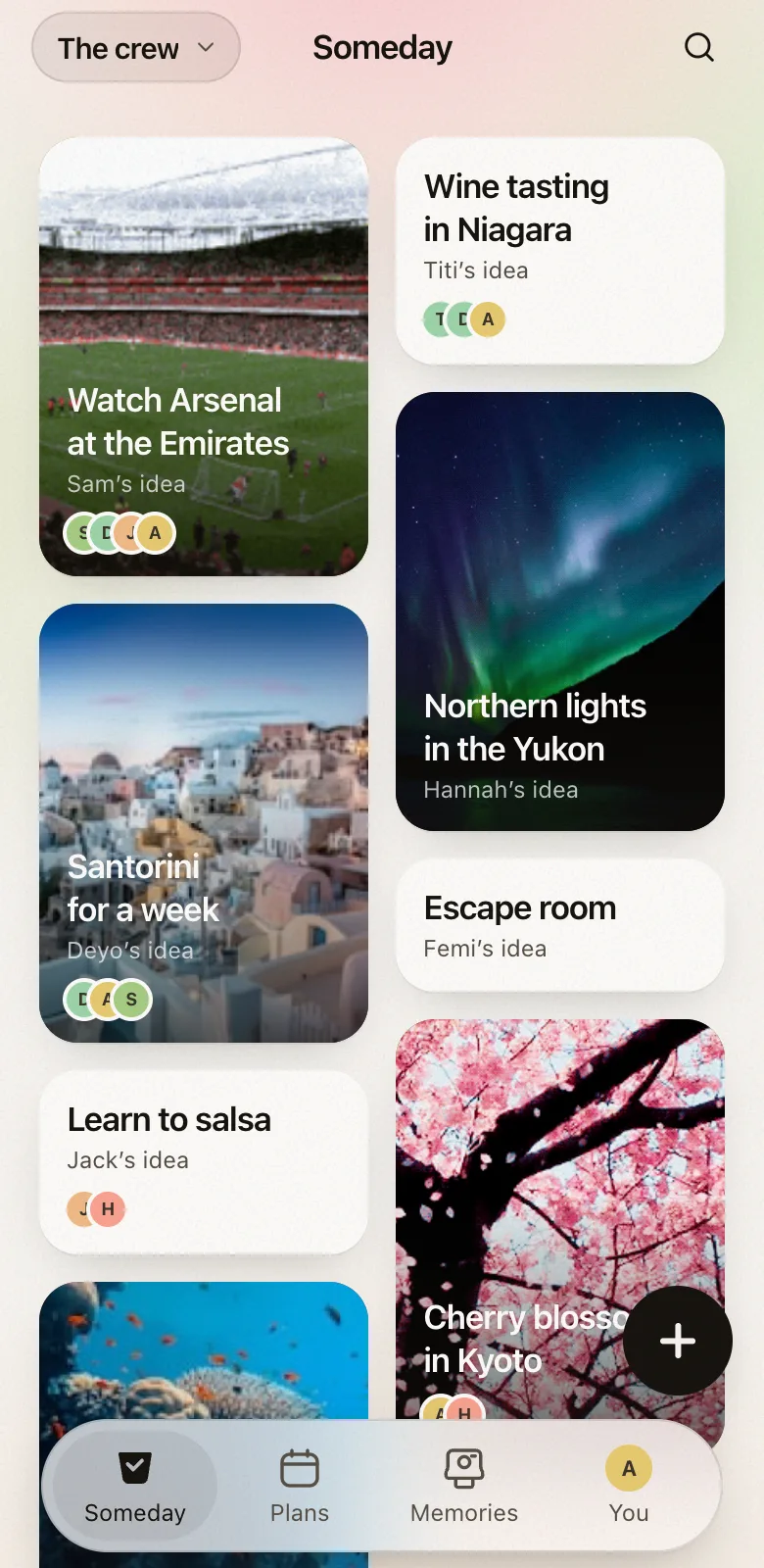 A bucket list in Fordays: watch Arsenal at the Emirates and northern lights in the Yukon as moving GIFs, Santorini as a photo, wine tasting in Niagara and an escape room in plain words, with the faces of friends who said Me too